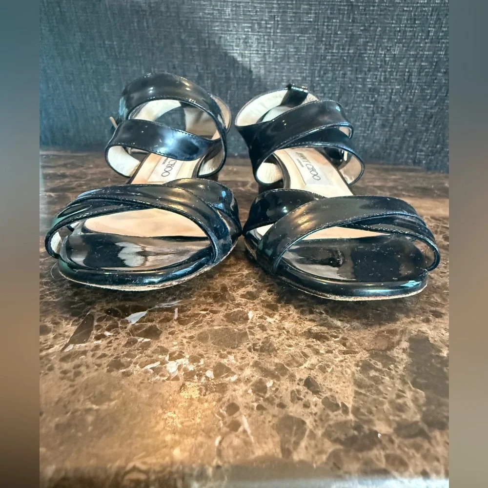 Jimmy Choo. Black Patent Connor Wedge Sandals. Size 37.